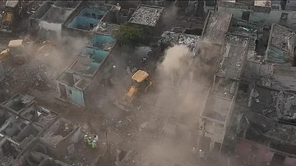 Aerial view of large-scale demolition drive in Rajkot’s Jangleshwar area.