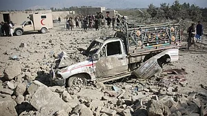 Vehicle damaged in Pakistani airstrikes in eastern Afghanistan.
