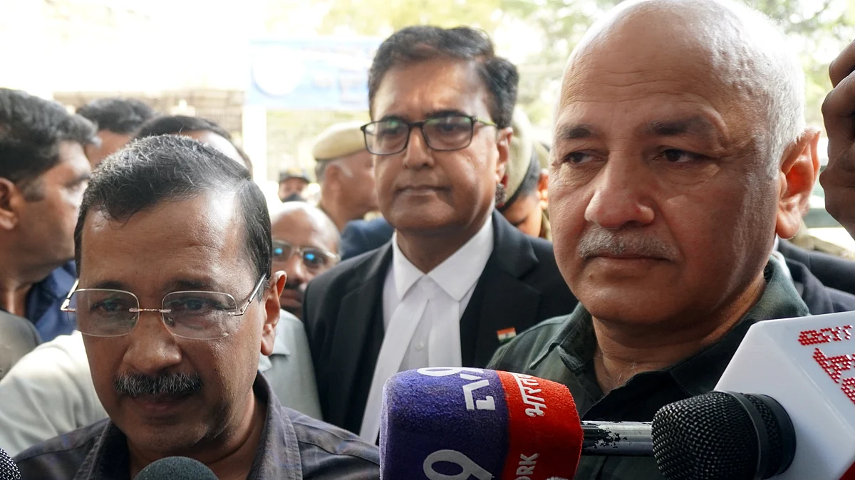 Arvind Kejriwal and Manish Sisodia address the media in New Delhi.