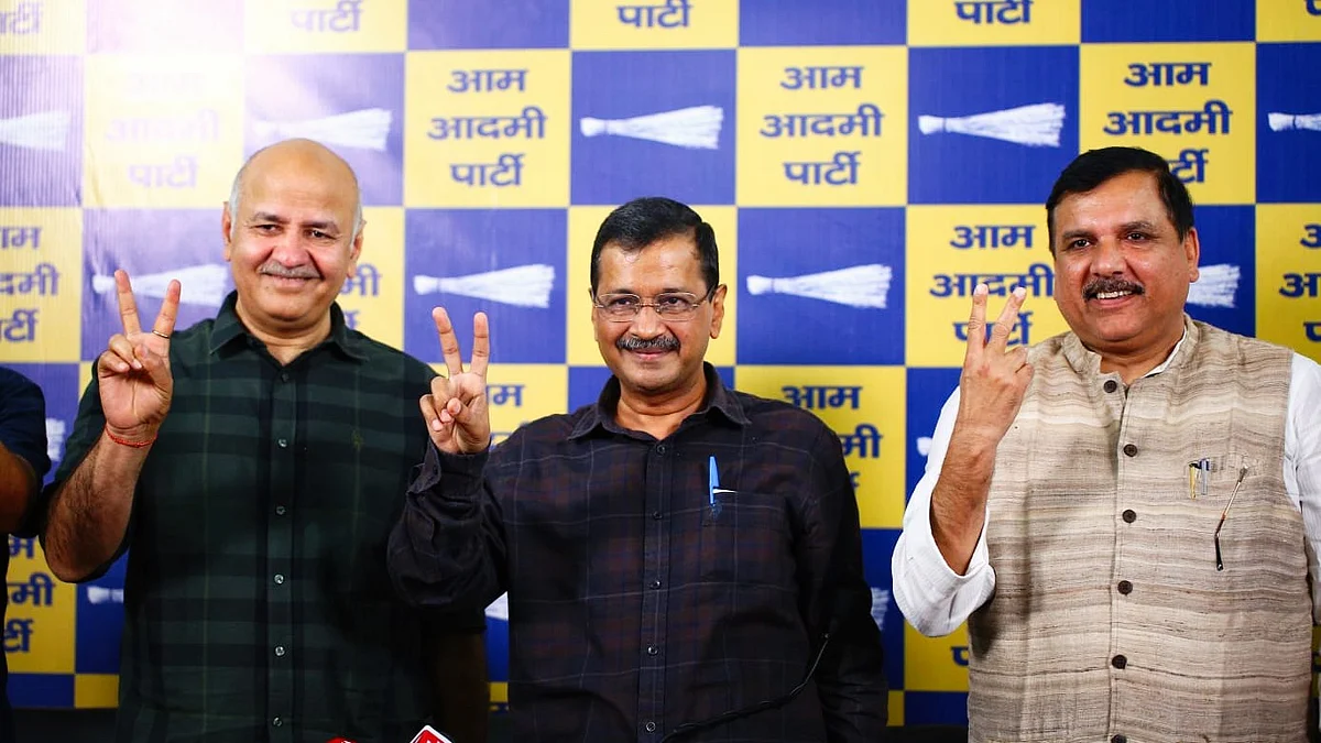 L-R: AAP leaders Manish Sisodia, Arvind Kejriwal, Sanjay Singh