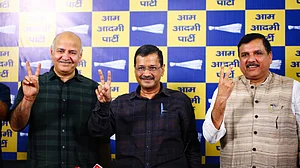 L-R: AAP leaders Manish Sisodia, Arvind Kejriwal, Sanjay Singh