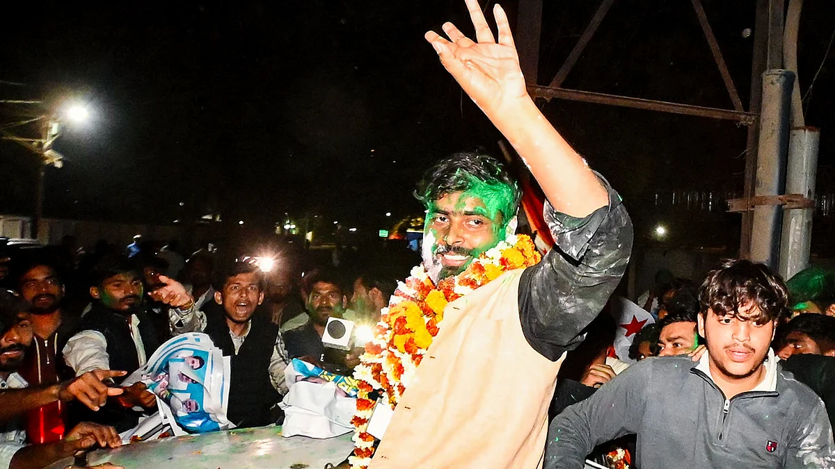 NSUI's Shantanu Sekhar celebrates after winning the PUSU president's post