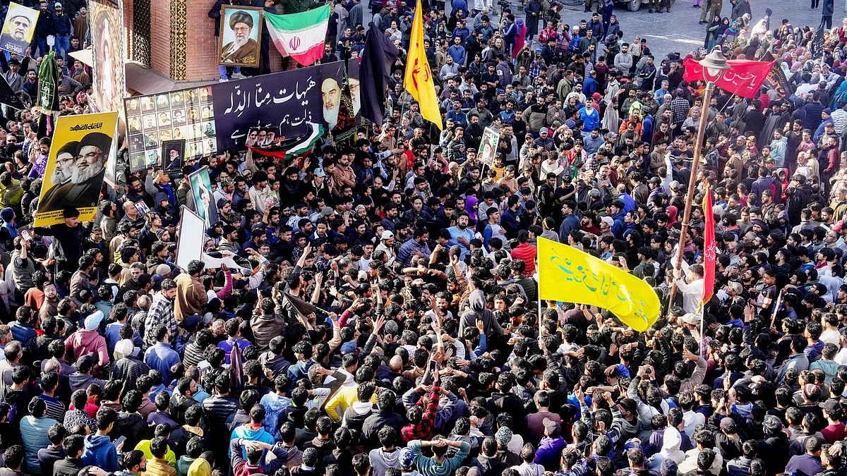 Protesters in Srinagar march against killing of Iranian supreme leader Ayatollah Ali Khamenei.