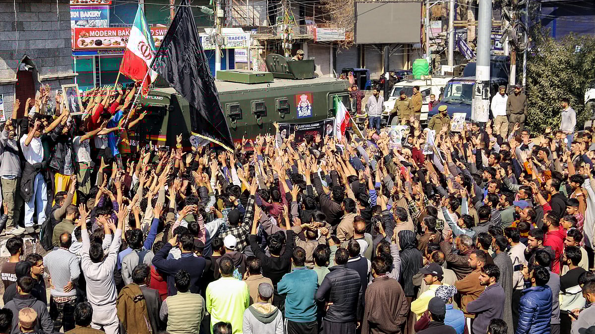 A protest march in Pulwama against the killing of Ayatollah Ali Khamenei.
