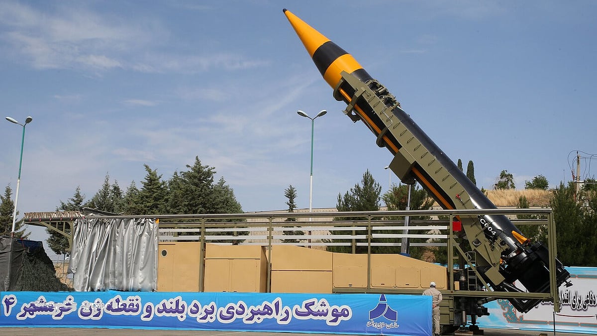 Khorramshahr-4 (Kheibar) ballistic  missile during its unveiling ceremony on 25 May, 2023. 