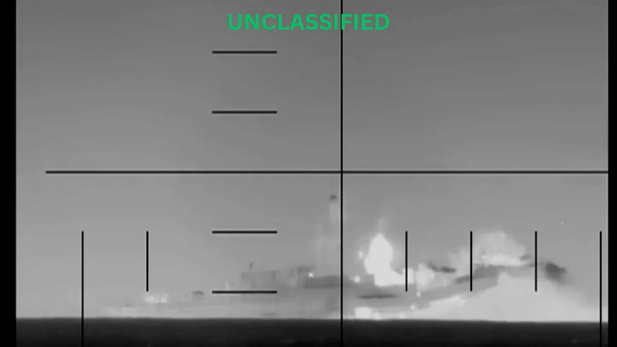 Footage shows an explosion on an Iranian warship in the Indian Ocean.