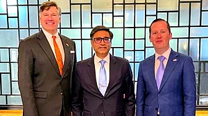 Foreign secretary Vikram Misri (C) with US ambassador to India Sergio Gor (R) and Landau