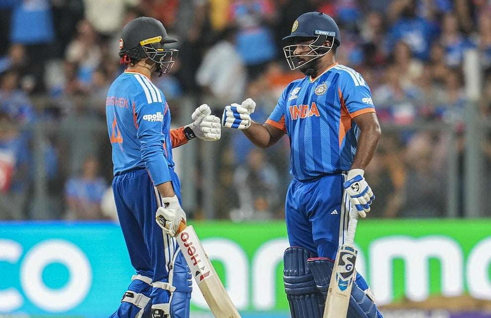 Sanju Samson (right) and Abhishek Sharma matched a record 92 runs in the powerplay