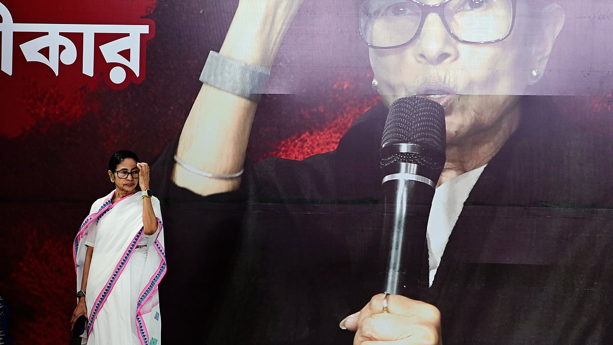 Mamata Banerjee at the sit-in protest platform she is currently occupying in Kolkata