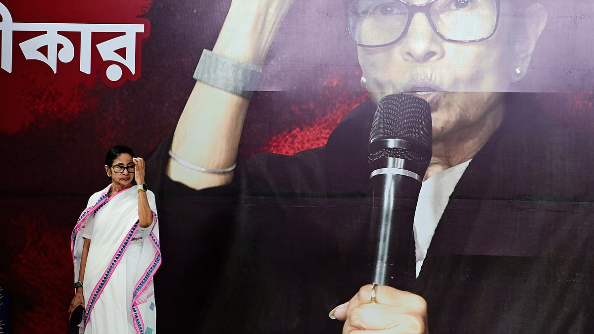 Mamata Banerjee at the sit-in protest platform she is currently occupying in Kolkata