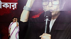 Mamata Banerjee at the sit-in protest platform she is currently occupying in Kolkata