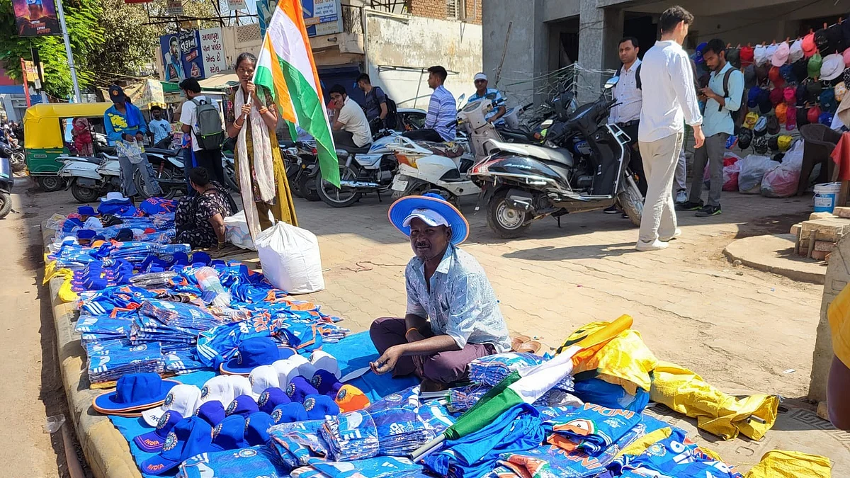 Bleeding blue: India shirts on sale outside Narendra Modi Stadium.