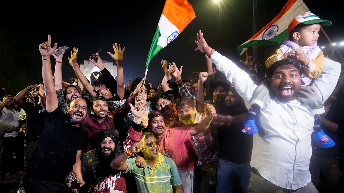 Fans celebrate Team India's victory in ICC Men's T20 World Cup final.