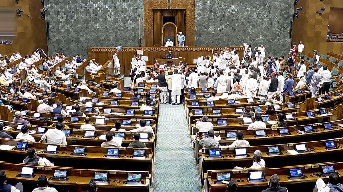 Opposition protest seeking debate in Lok Sabha on West Asia crisis.