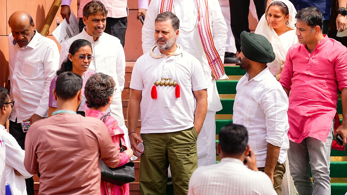 Rahul Gandhi with Congress MPs outside Parliament, 12 March