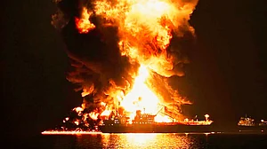 An oil tanker after being hit by an Iranian strike at Khor al-Zubair port near Basra, Iraq, 11 March