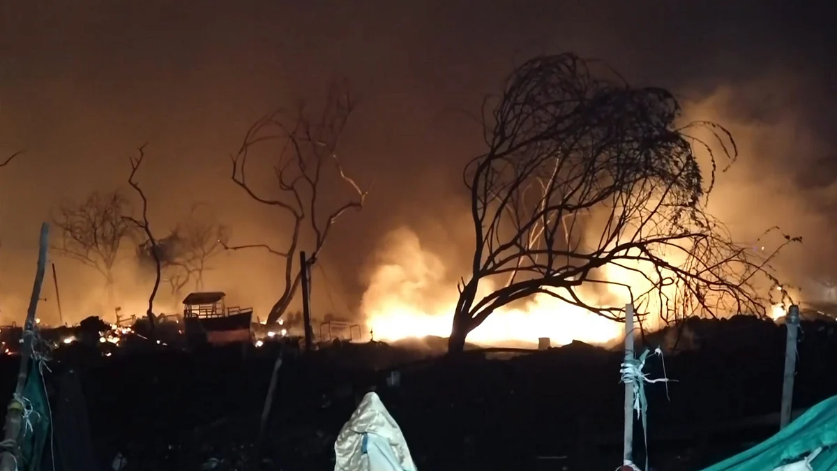 Smoke and flames rise from a fire near fish market in Matiala village, Uttam Nagar, New Delhi.