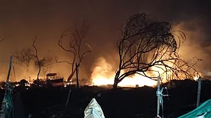 Smoke and flames rise from a fire near fish market in Matiala village, Uttam Nagar, New Delhi.
