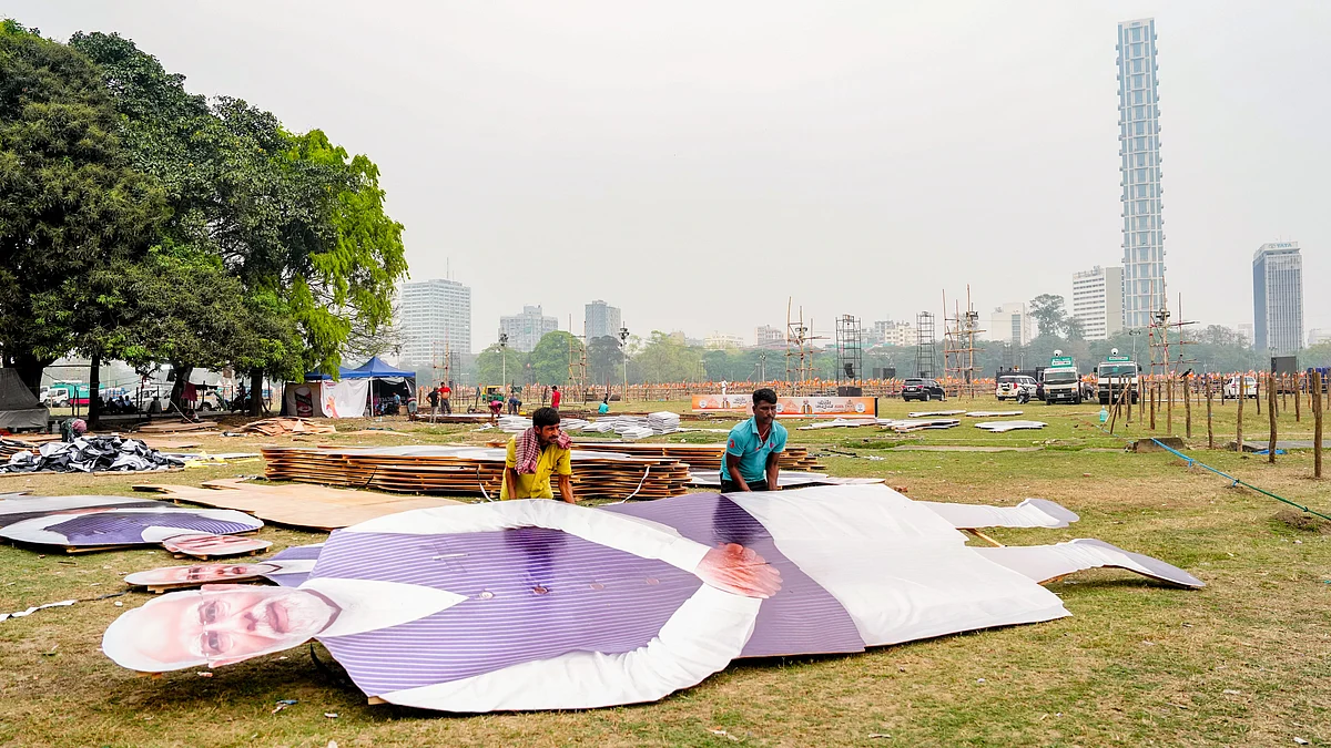 Preparations underway for PM Modi's rally at Brigade Parade Ground, in Kolkata, 12 March