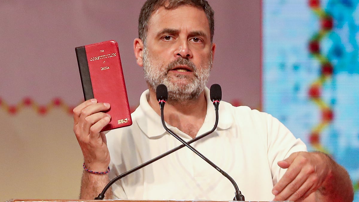 Rahul Gandhi speaks at the Samvidhan Sammelan in Lucknow.