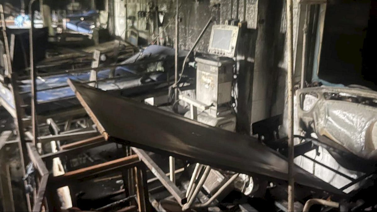 Charred remains inside an ICU room after a major fire at a state-run hospital in Cuttack.