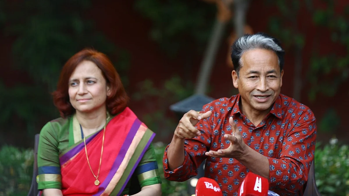 Sonam Wangchuk with Geetanjali Angmo at a press conference in New Delhi