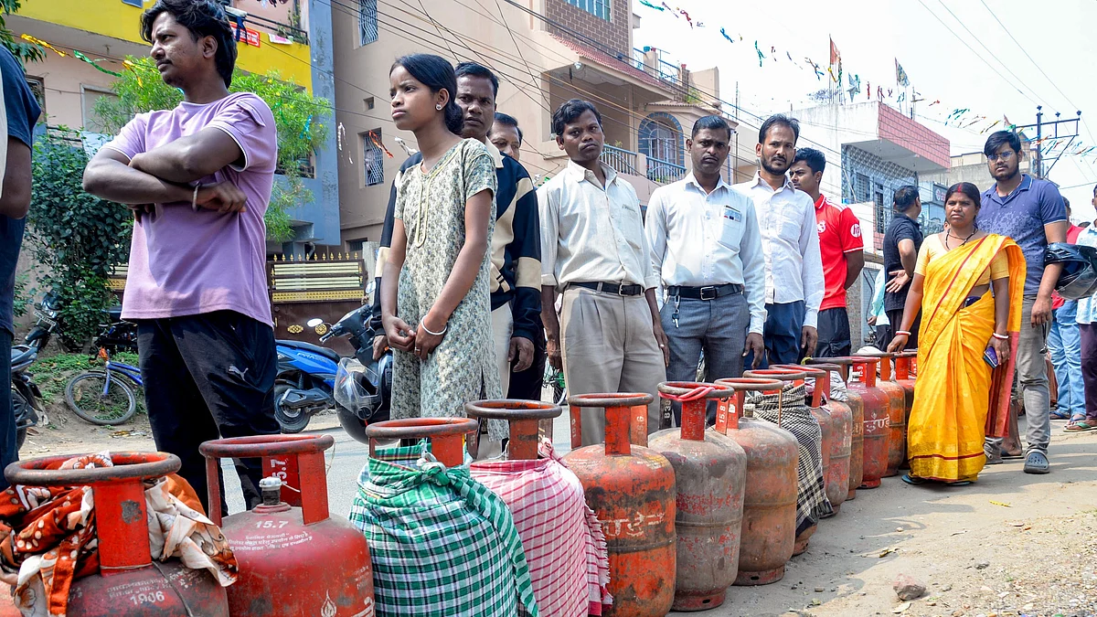 Long queues of people waiting for LPG cylinder is a common sight in most cities