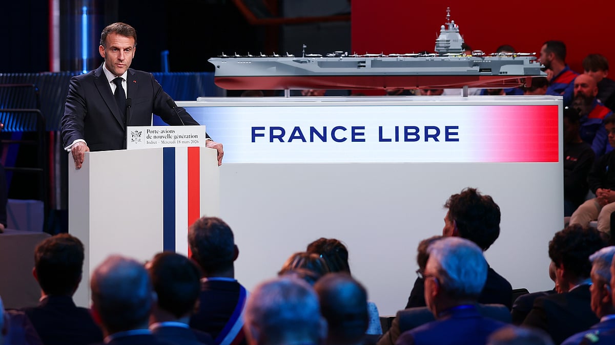 Emmanuel Macron delivers a speech in Indret, France. 