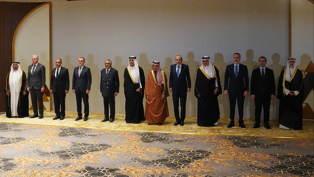 Saudi Arabia's FM Prince Faisal bin Farhan Al-Saud with other foreign ministers in Riyadh.