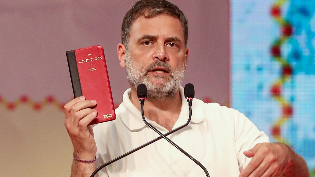 Rahul Gandhi addresses a meeting in Lucknow.