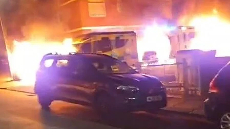Ambulance engulfed in flames in a suspected antisemitic attack in London.