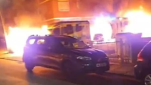Ambulance engulfed in flames in a suspected antisemitic attack in London.