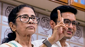 Mamata Banerjee and Abhishek Banerjee ahead of assembly elections, in Kolkata.