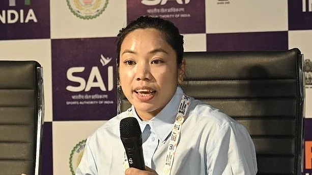 Mirabai Chanu speaking at a press conference in Raipur