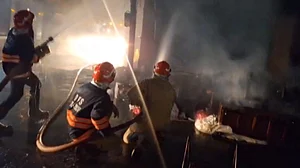 Firefighters battle a blaze in New Delhi.