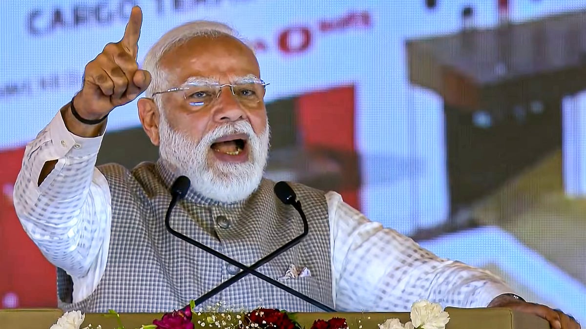 Narendra Modi addresses a gathering in Noida.