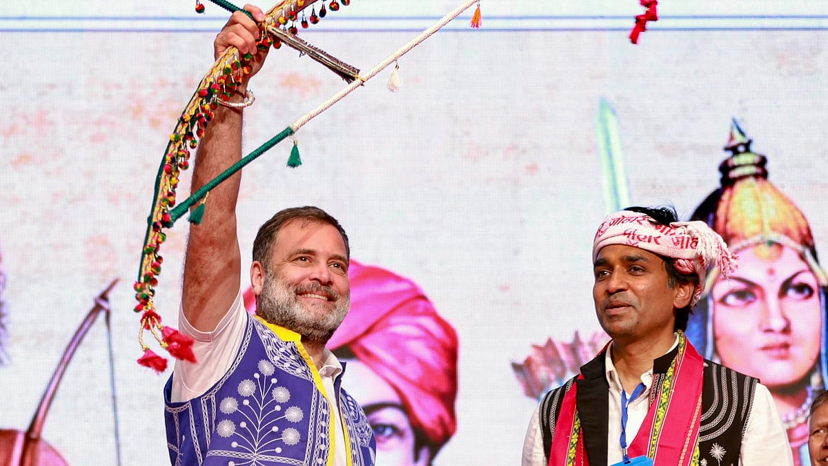 Rahul Gandhi during 'Adivasi Adhikar Samvidhan Sammelan' in Vadodara.