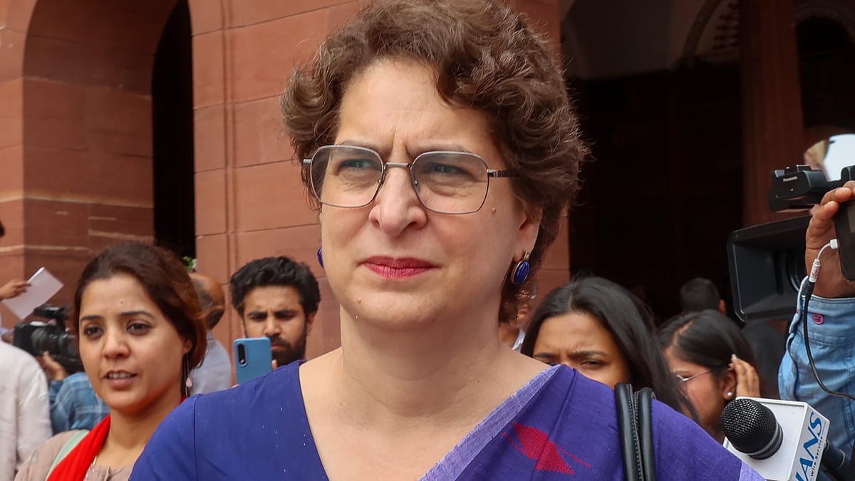 Priyanka Gandhi Vadra speaks to the media at Parliament.