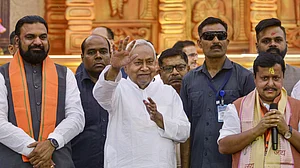 Nitish Kumar (C), deputy CM Samrat Choudhary (L) and Nitin Nabin in Patna, 27 March