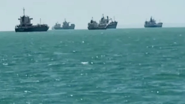 A screengrab from the video showing stranded ships on the Strait of Hormuz