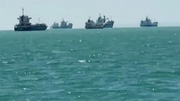 A screengrab from the video showing stranded ships on the Strait of Hormuz.