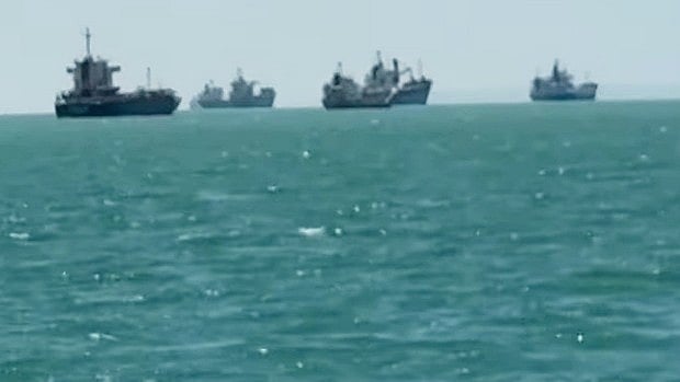 A screengrab from the video showing stranded ships on the Strait of Hormuz