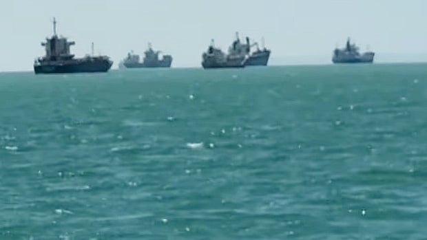 A screengrab from the video showing stranded ships on the Strait of Hormuz.