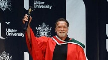 Arnold Schwarzenegger at Ulster University.