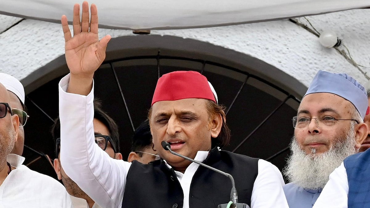 Akhilesh Yadav speaks during a public event.