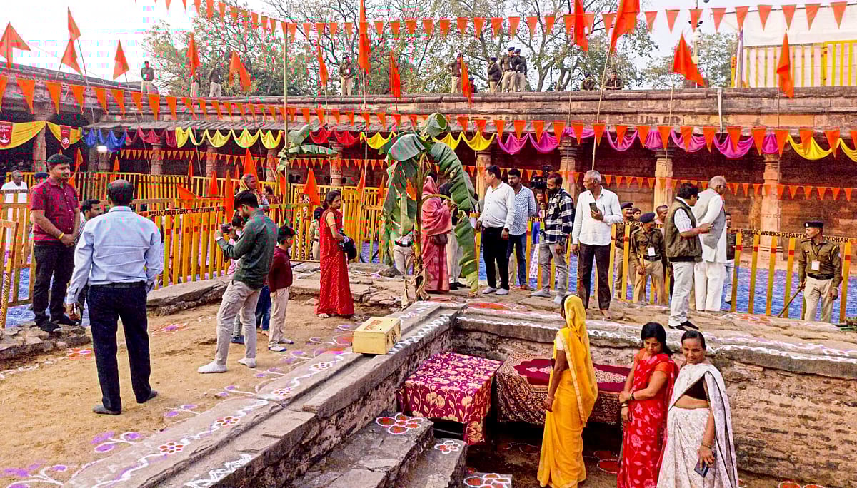 Devotees make preparations for Saraswati Puja at the disputed Bhojshala complex.