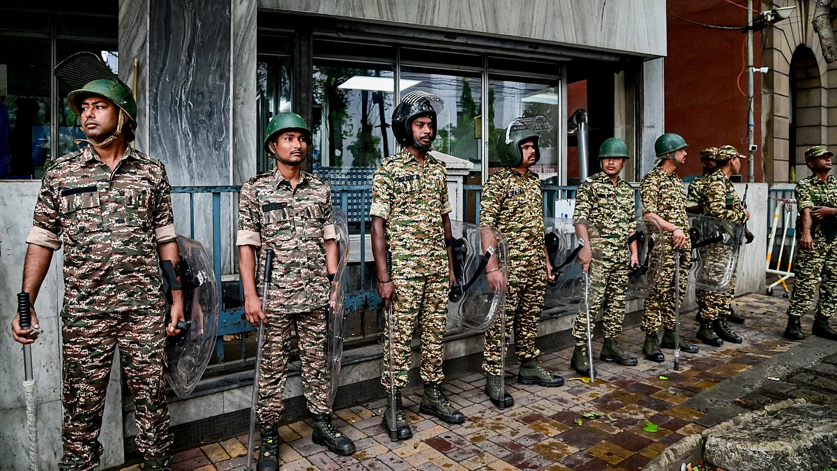Security personnel stand guard in Kolkata.