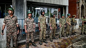 Security personnel stand guard in Kolkata.