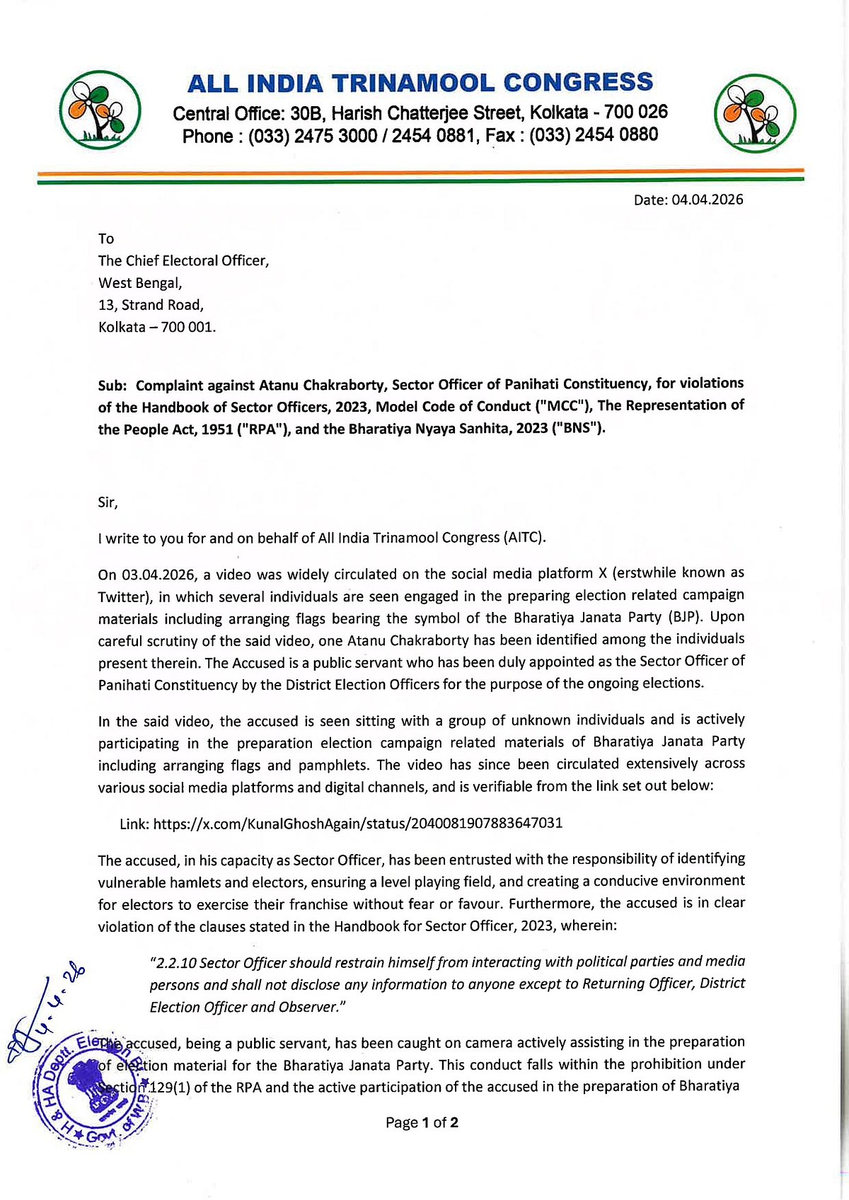 West Bengal: Video shows alleged BJP-linked poll official, TMC complains