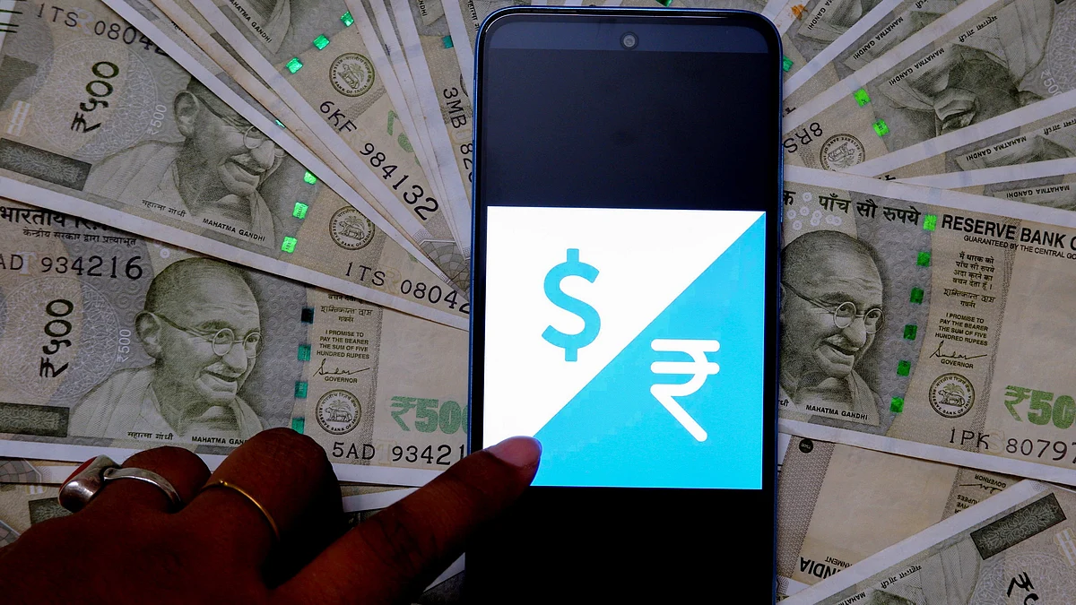 Logo of US Dollar and Indian rupee is displayed on a smartphone.